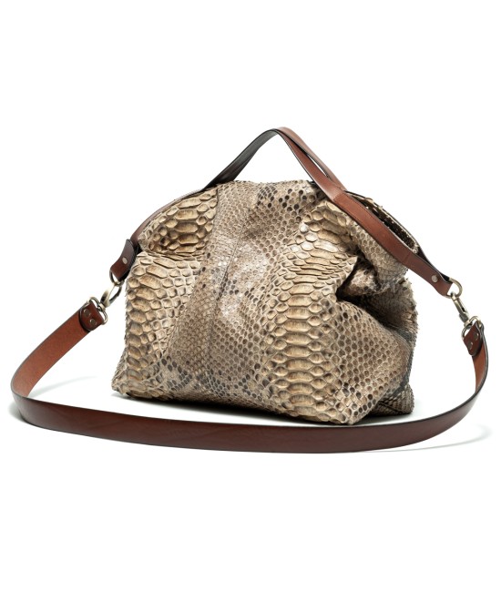 Large and very light handbag in genuine python skin in natural color. 