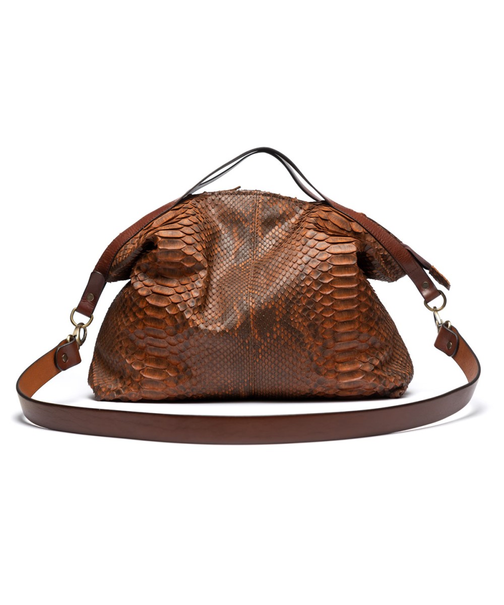Large and very light handbag in genuine python skin in camel color.
