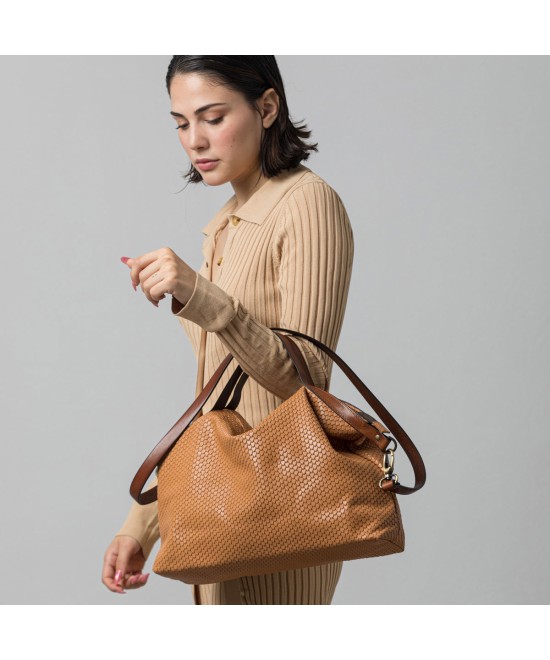 Honey hand and shoulder bag made of soft leather