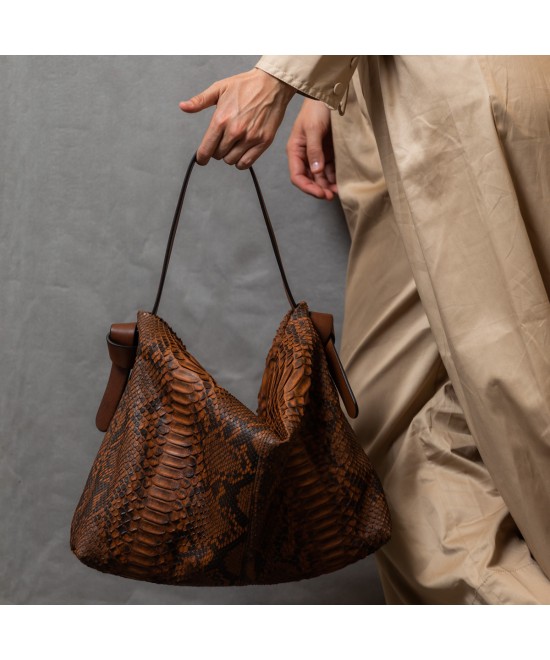 Wide and very light Hobo handbag in genuine python skin