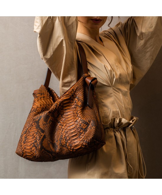 Wide and very light Hobo handbag in genuine python skin