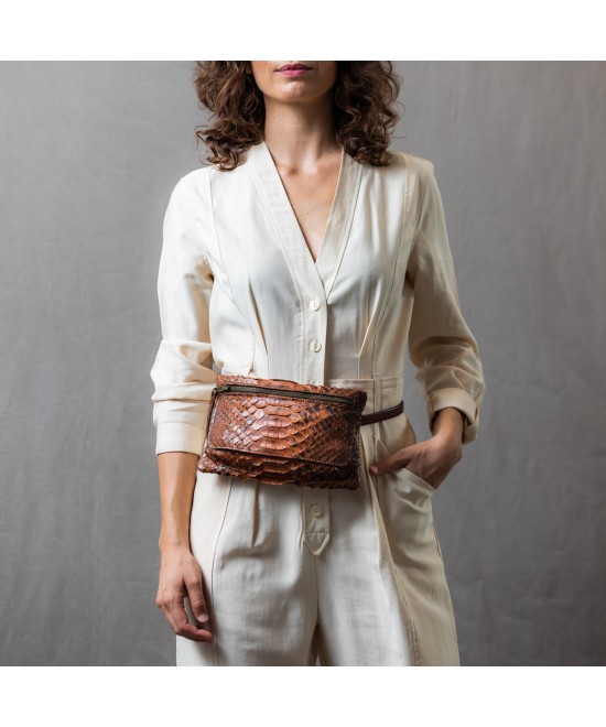 Genuine camel python leather belt bag