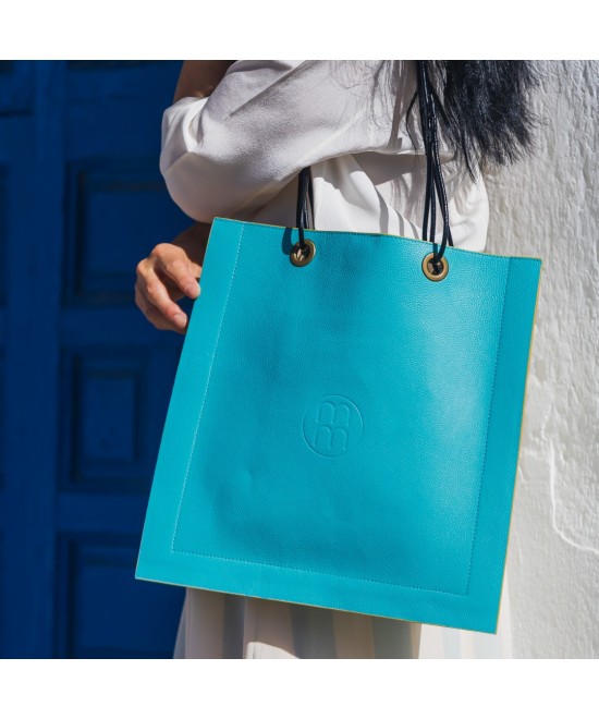 Square leather bag with leather cord handles