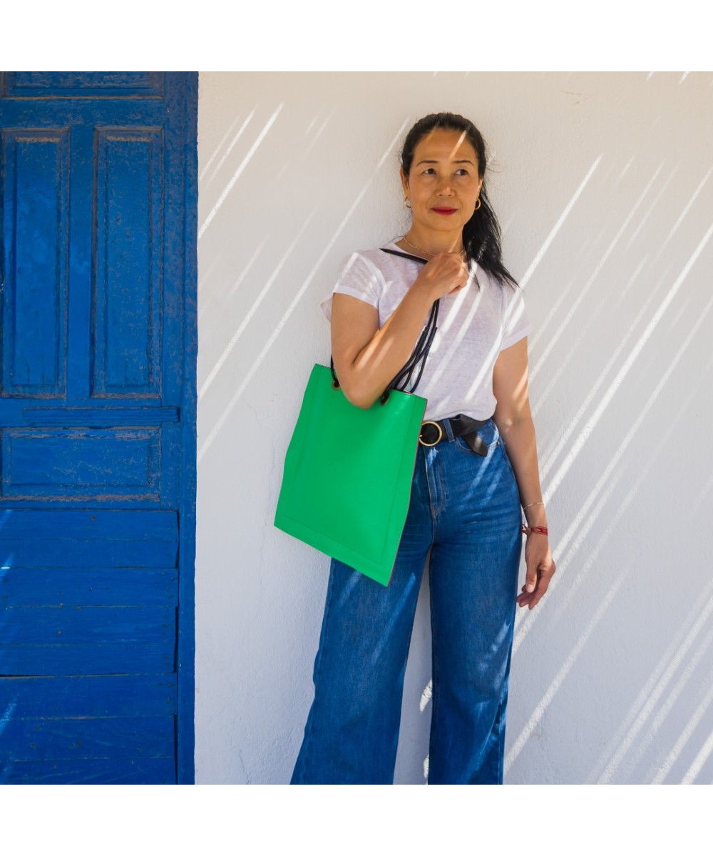 Square leather bag with leather cord handles