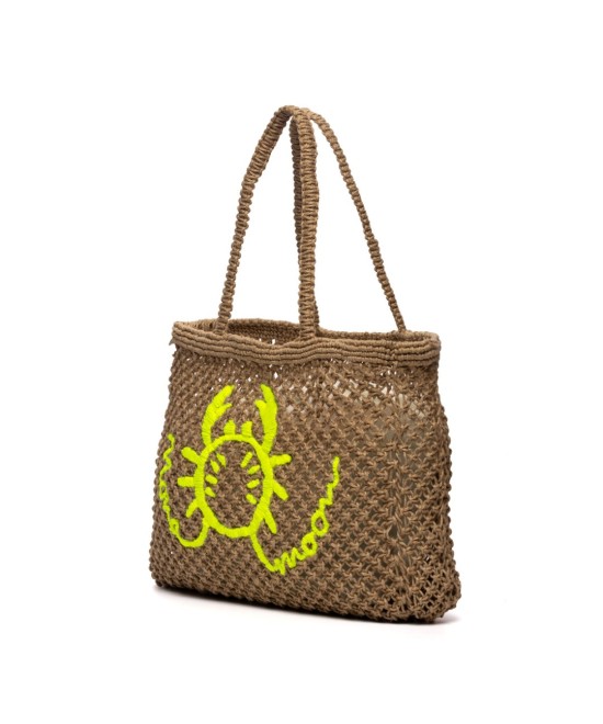 Bolso de yute flúor con bordado de cangrejo