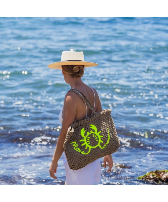 Bolso de yute flúor con bordado de cangrejo