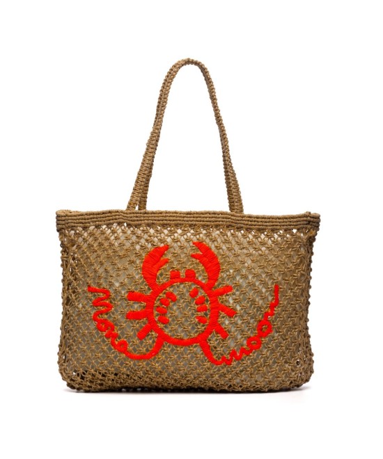 Bolso de yute neón con bordado de cangrejo