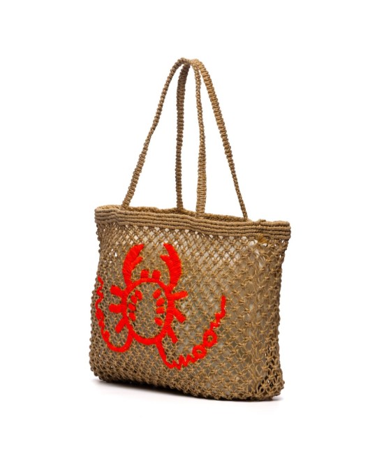 Bolso de yute neón con bordado de cangrejo