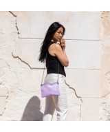Flat metallic leather shoulder bag and chain for hanging.