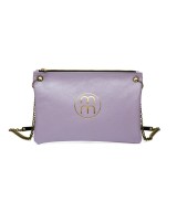 Flat metallic leather shoulder bag and chain for hanging.