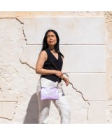 Flat metallic leather shoulder bag and chain for hanging.