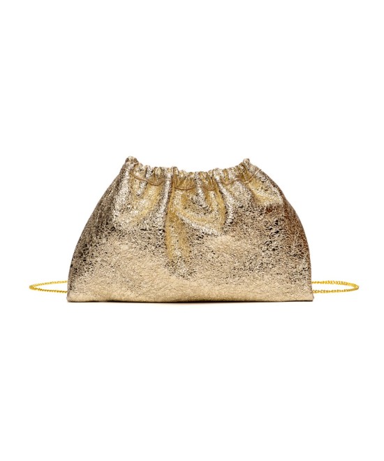 Gold leather handbag with chain for hanging