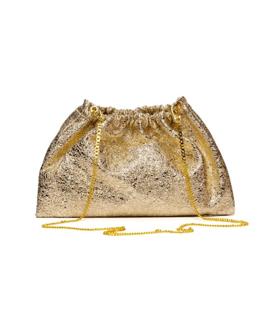 Gold leather handbag with chain for hanging
