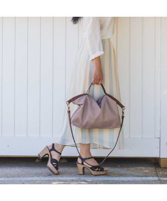 Taupe hand and shoulder bag made of soft leather