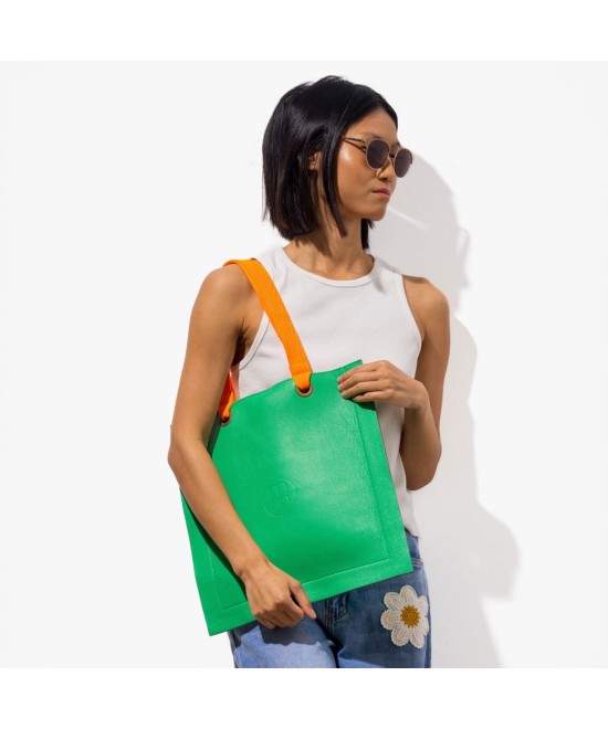 Square leather bag with fluorescent handles