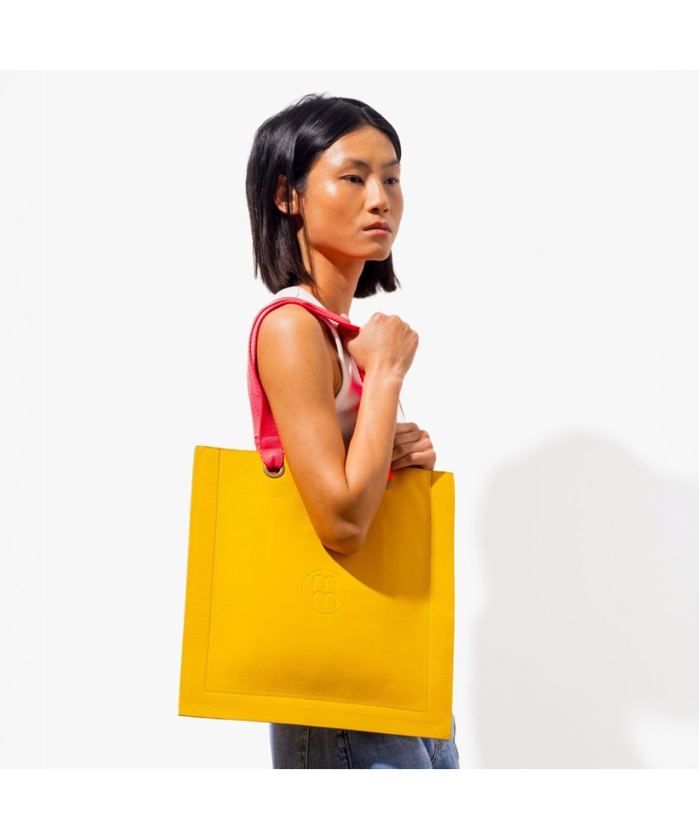 Bolso cuadrado de piel con asas flúor