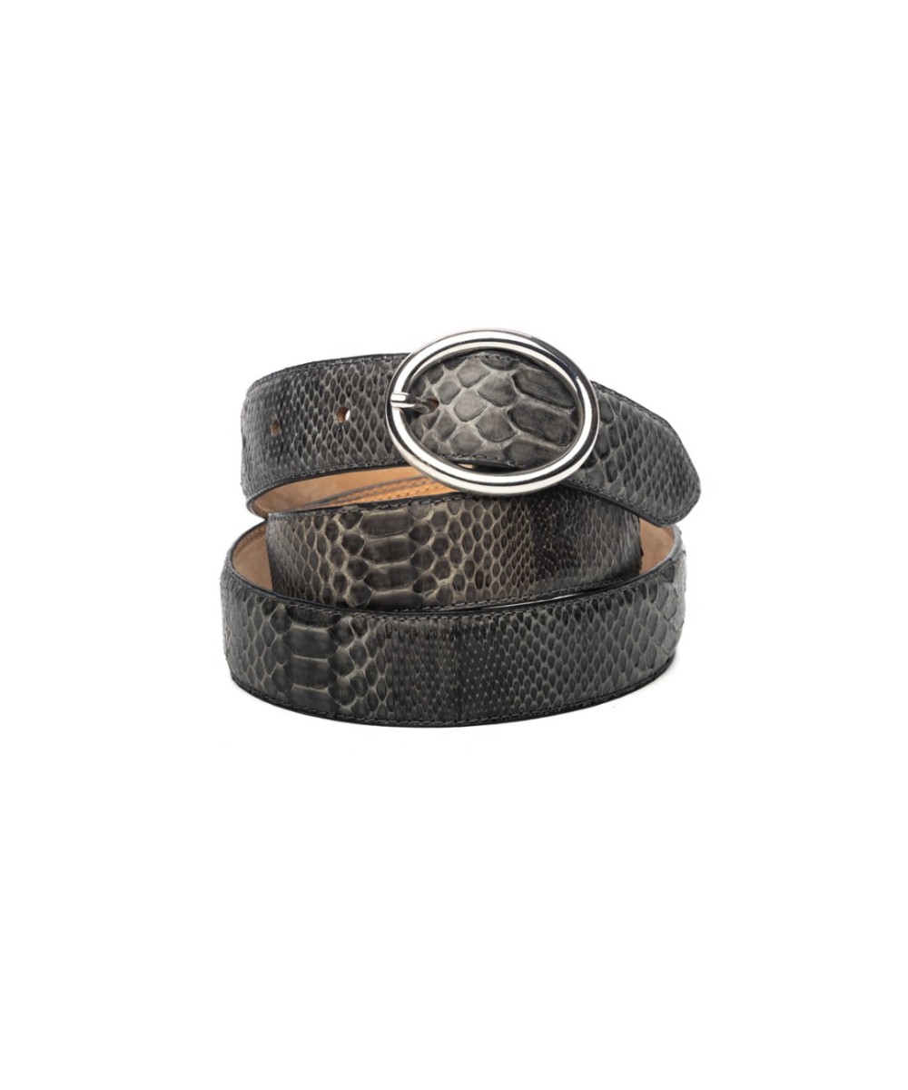 Grey python leather belt with silver buckle. 30 millimeters wide