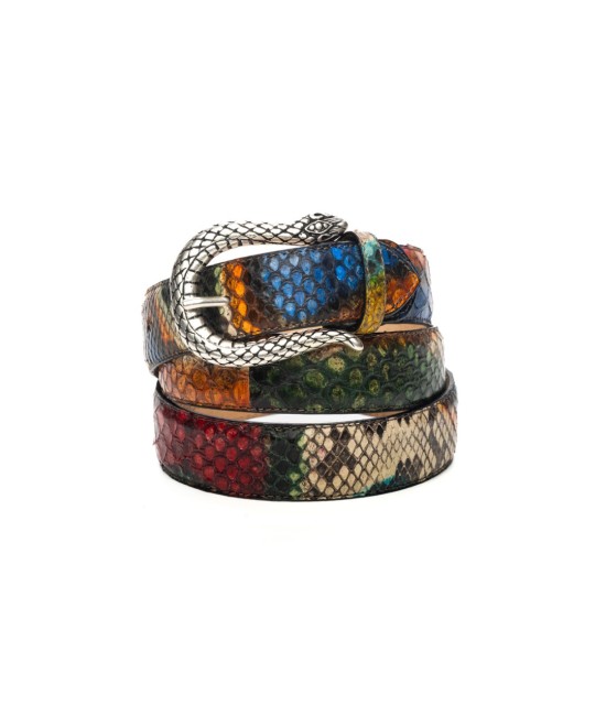 Colorful python leather belt with silver buckle. 30 millimeters wide
