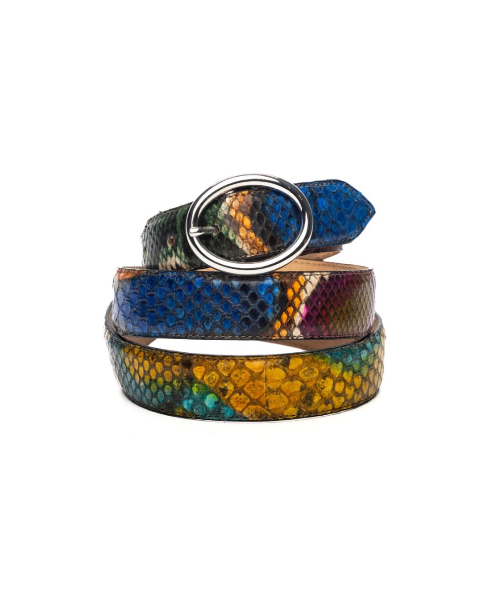 Colorful python leather belt with silver buckle. 30 millimeters wide