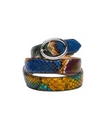 Colorful python leather belt with silver buckle. 30 millimeters wide