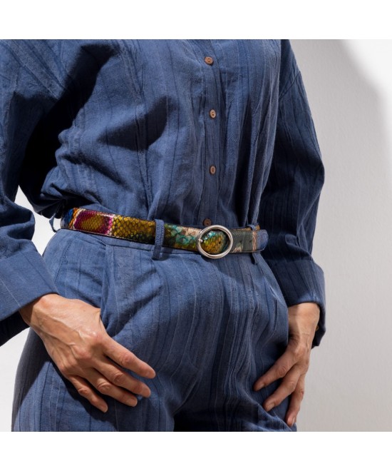 Colorful python leather belt with silver buckle. 30 millimeters wide