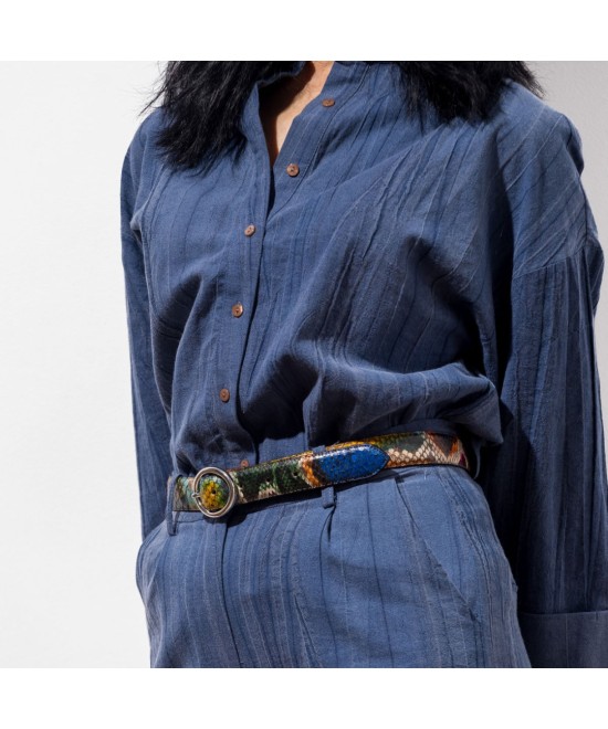 Colorful python leather belt with silver buckle. 30 millimeters wide