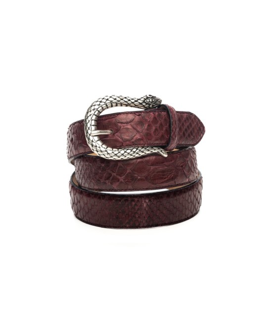 Burgundy python leather belt with silver buckle. 30 millimeters wide