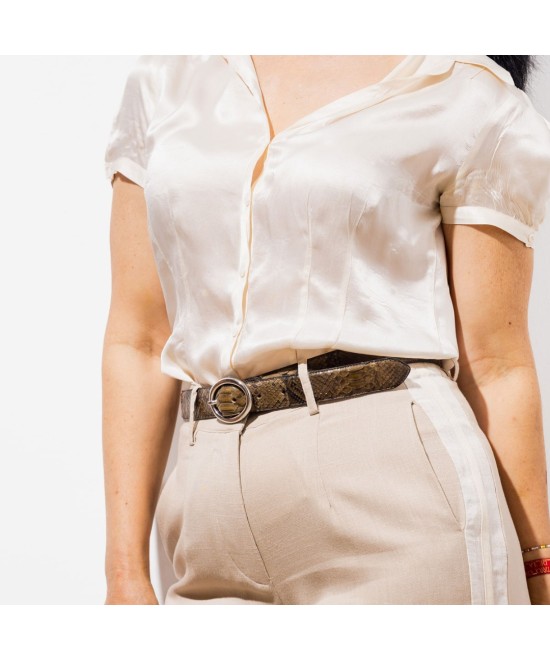 Khaki color python leather belt with silver buckle. 30 millimeters wide
