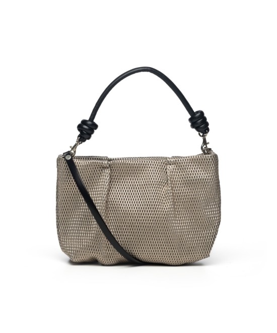 Sand-colored shiny leather handbag