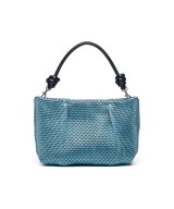 blue shiny leather handbag