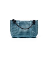 blue shiny leather handbag
