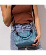 blue shiny leather handbag