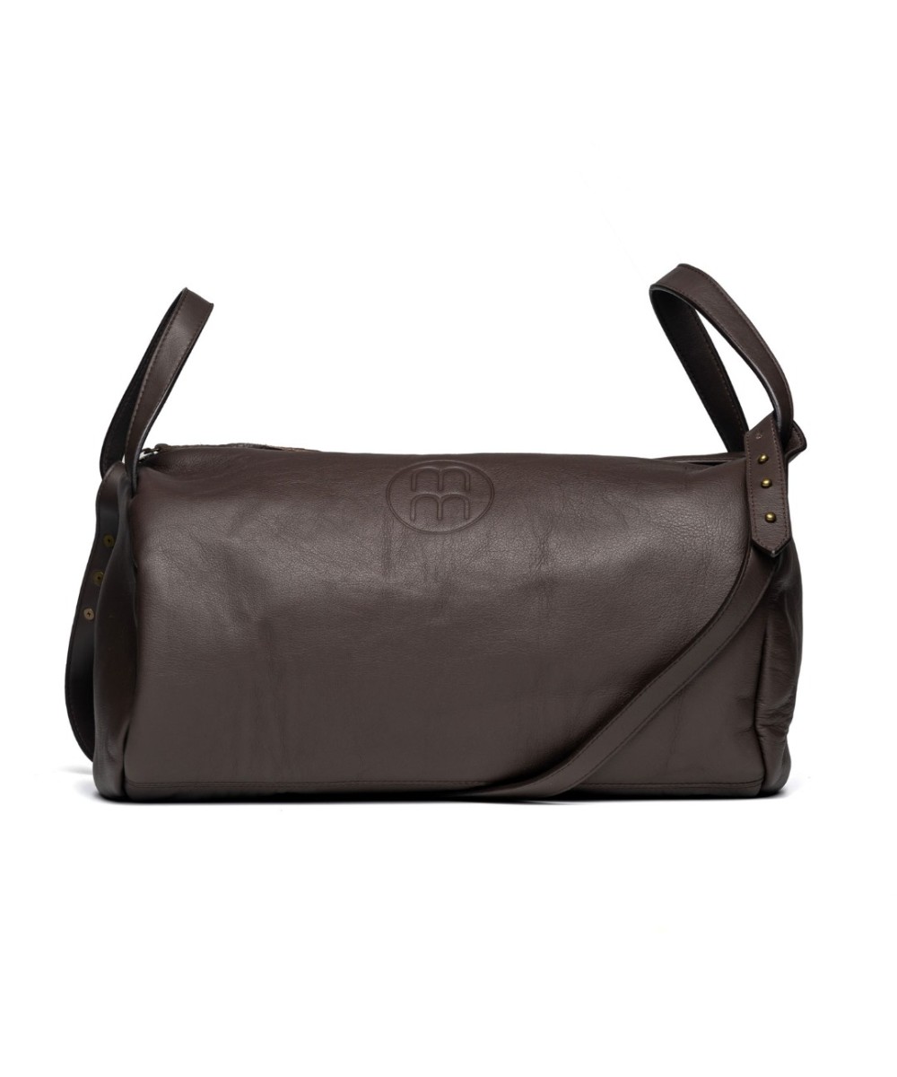 Unisex leather shoulder bag with handles and strap to cross-shoulder.