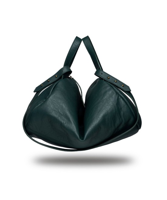 Unisex leather shoulder bag with handles and strap to cross-shoulder.