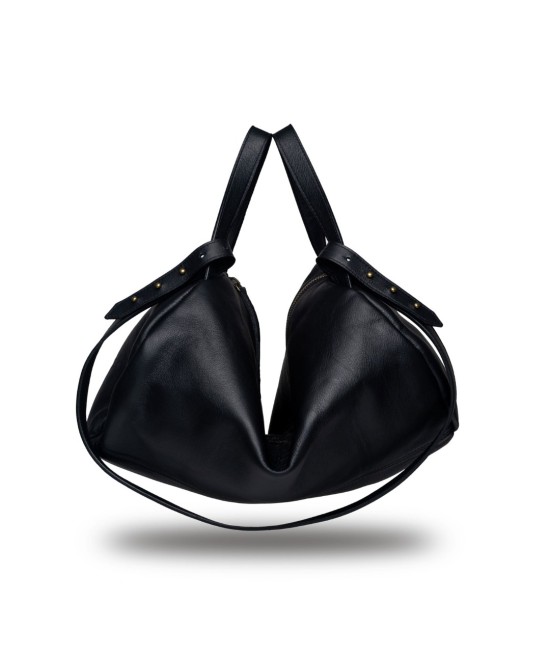 Unisex leather shoulder bag with handles and strap to cross-shoulder.