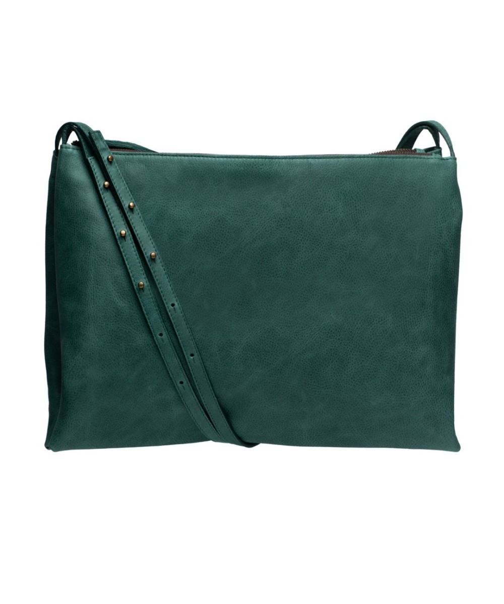 Wide leather bag with two individual departments and adjustable strap.