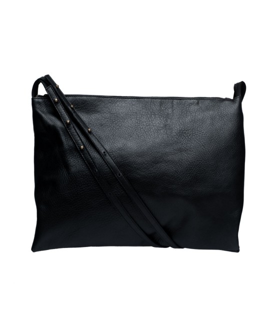 Wide leather bag with two individual departments and adjustable strap.