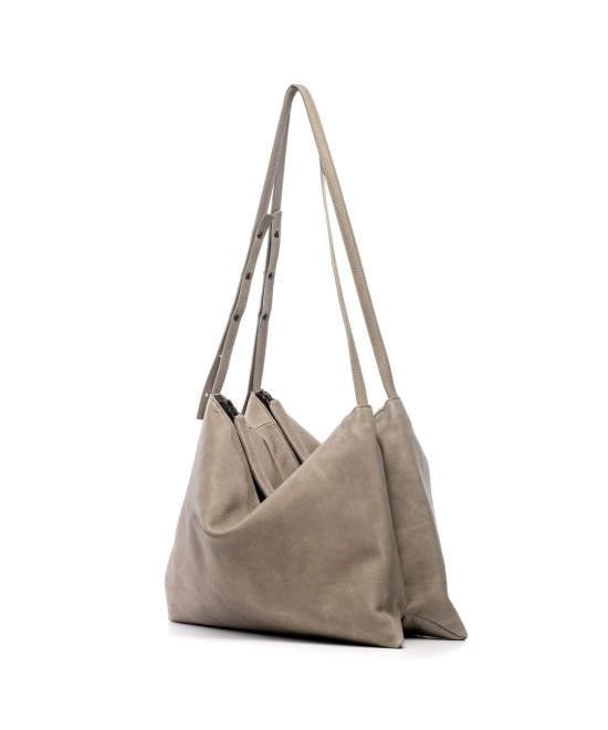 Wide leather bag with two individual departments and adjustable strap.