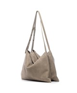 Wide leather bag with two individual departments and adjustable strap.
