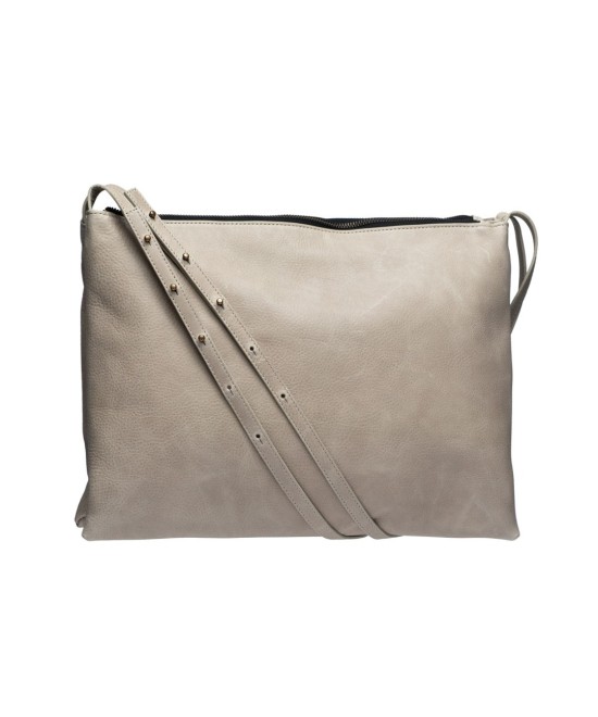 Wide leather bag with two individual departments and adjustable strap.