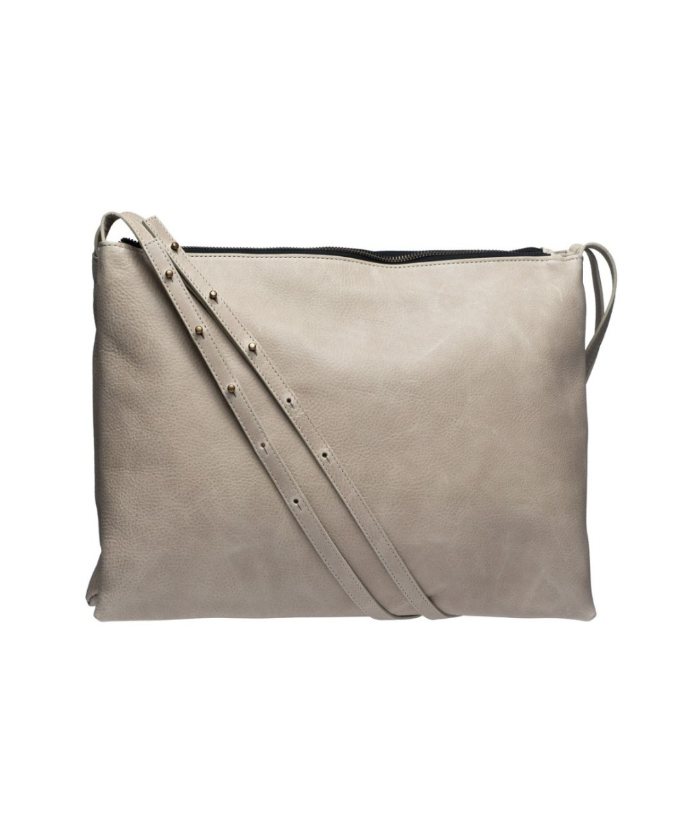 Wide leather bag with two individual departments and adjustable strap.