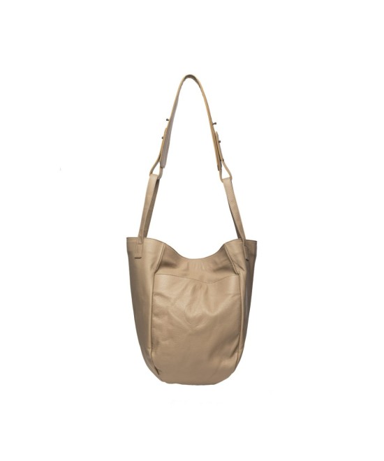 Multi-position bag with outer pockets, short handles and long adjustable strap. Taupe leather