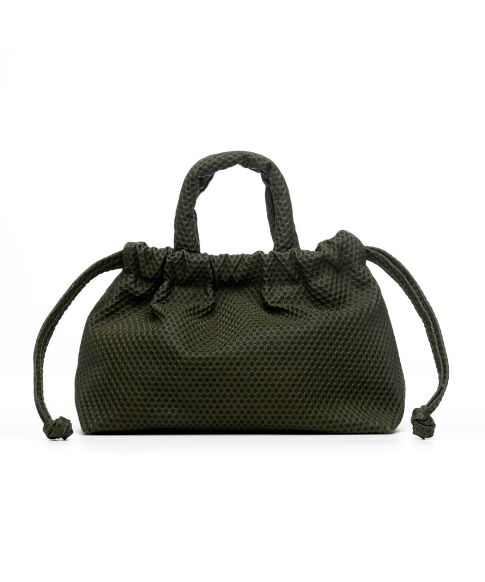 Small green bag with handles and strap to cross