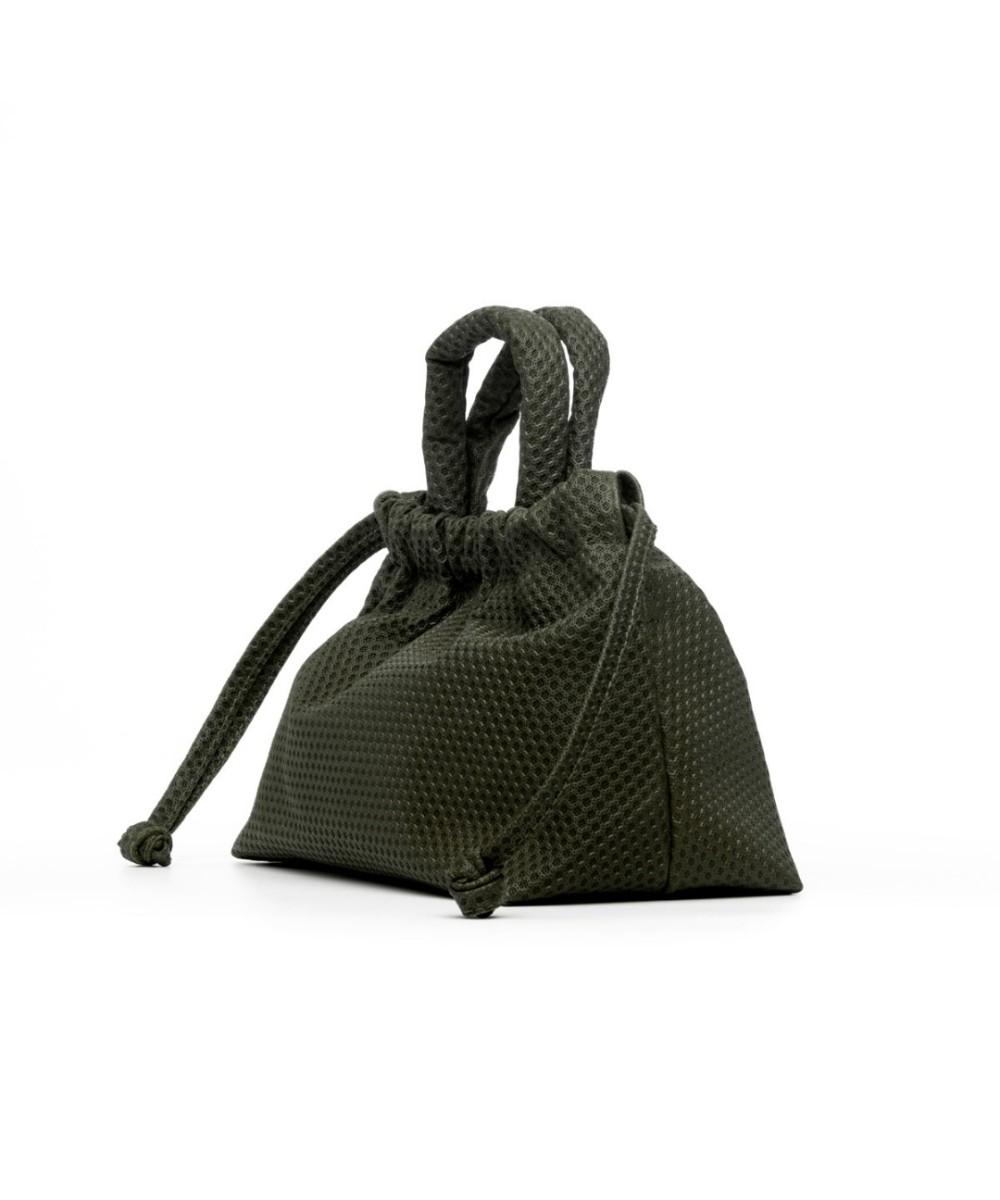 Small green bag with handles and strap to cross