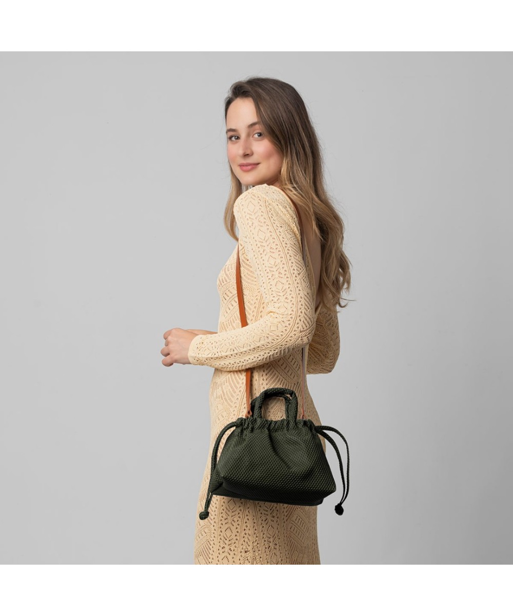 Small green bag with handles and strap to cross