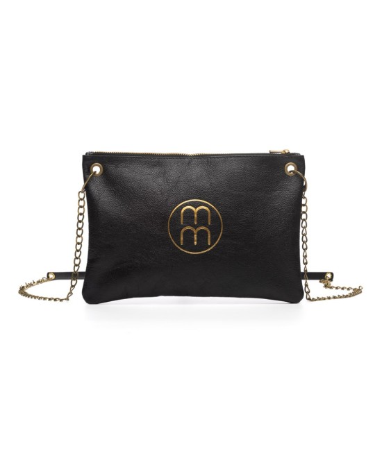 Flat metallic leather shoulder bag and chain for hanging.