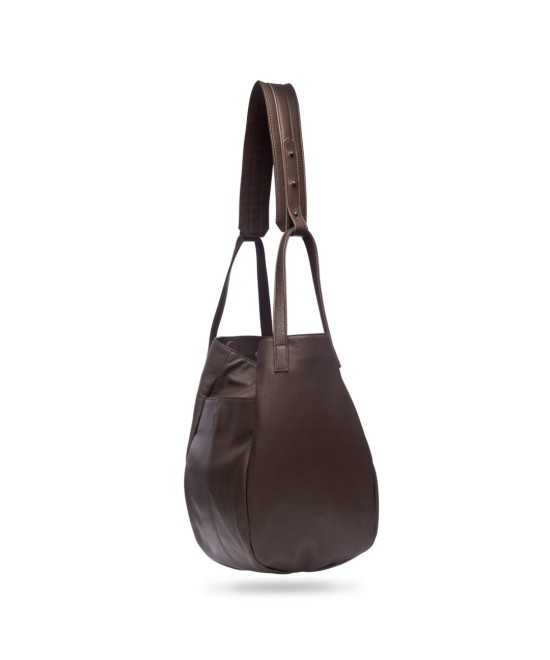 Multi-position bag with outer pockets, short handles and long adjustable strap. Brown leather