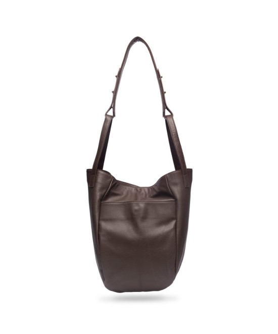 Multi-position bag with outer pockets, short handles and long adjustable strap. Brown leather