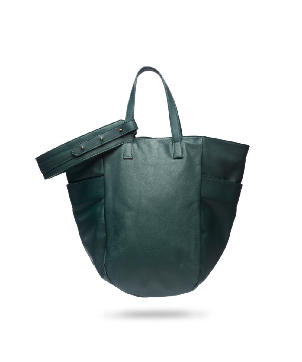 Multi-position bag with outer pockets, short handles and long adjustable strap. Green leather