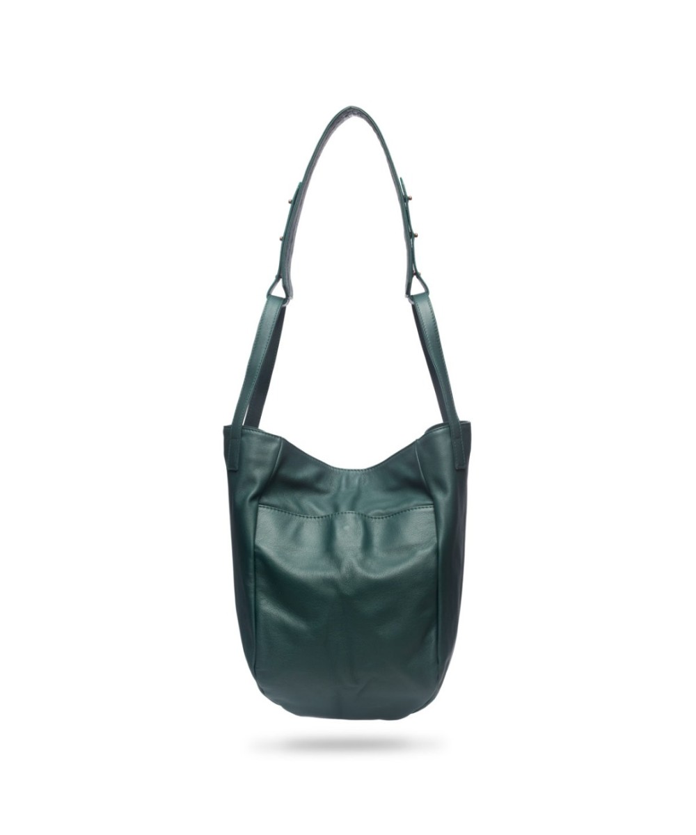 Multi-position bag with outer pockets, short handles and long adjustable strap. Green leather
